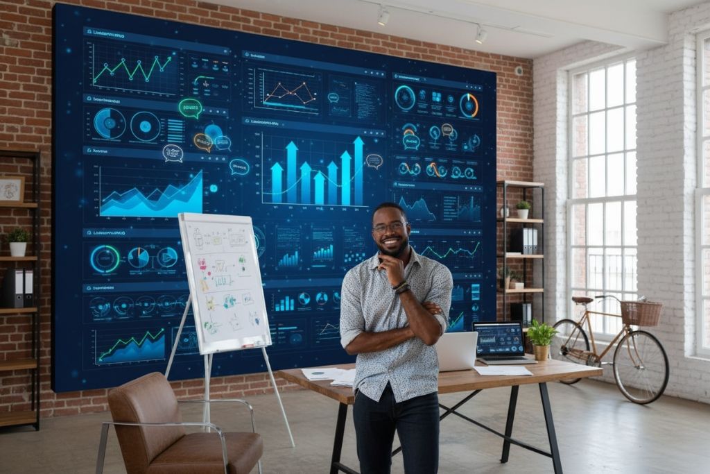 Professional business owner analyzing AI-powered analytics dashboard - showcasing data-driven business intelligence and growth strategies with LeadspathPRO AI technology