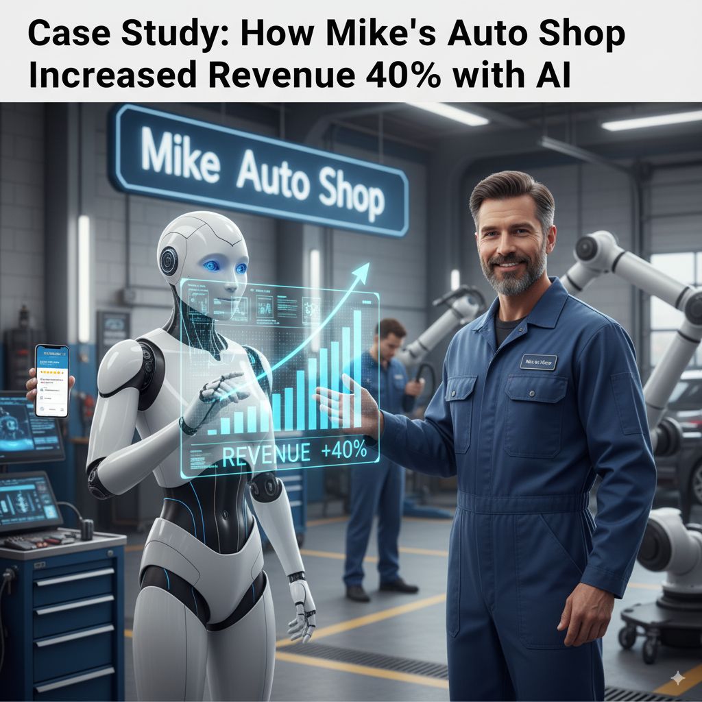 Case Study: How Mike's Auto Shop Increased Revenue 40% with AI - Auto shop owner Mike with AI robot displaying revenue growth chart showing 40% increase, demonstrating real-world AI implementation success in automotive repair business