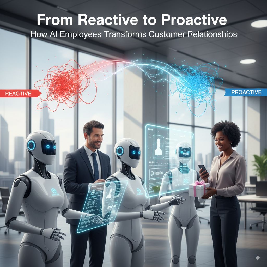 From Reactive to Proactive: How AI Employees Transform Customer Relationships - Business professionals with AI robots in modern office showing transition from reactive (red chaos) to proactive (blue organized) customer service approach